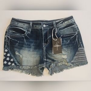 Flamingals Women's Frayed Hem Jean Shorts - Dark Blue Size S NWT